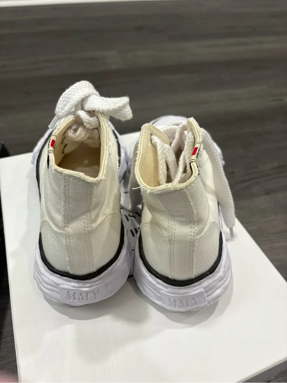 Miharayasuhiro White and Black Distressed High-Top Canvas Sneakers